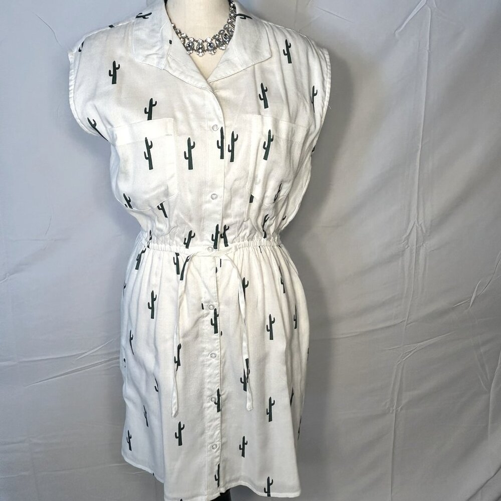 Japana White Dress with Green Cactus Womens Size M